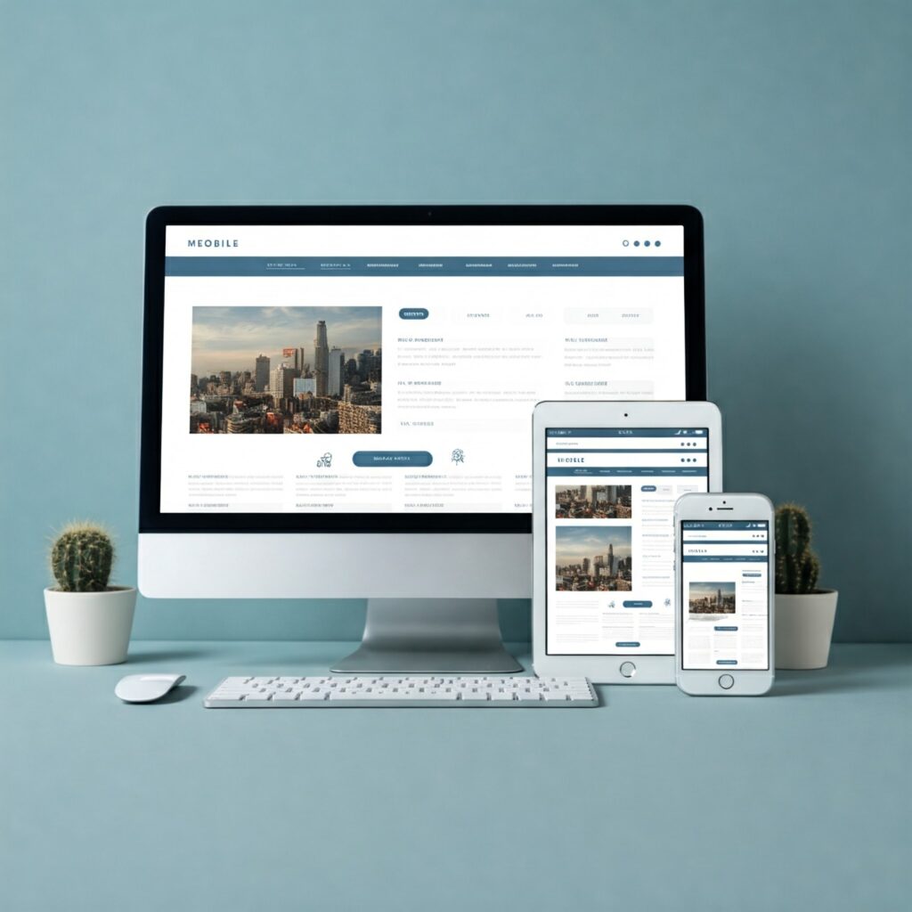 A desktop, tablet and mobile device showing how a website looks using mobile responsive design.