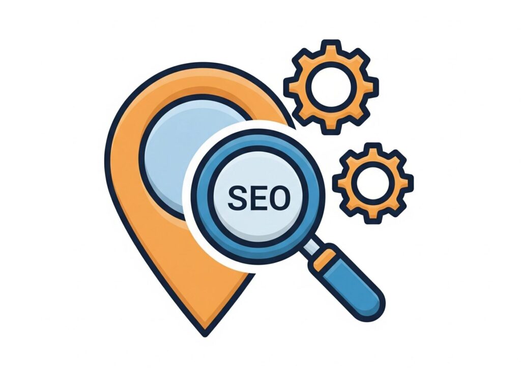 A location Icon with the words SEO inside a magnifying glass.
