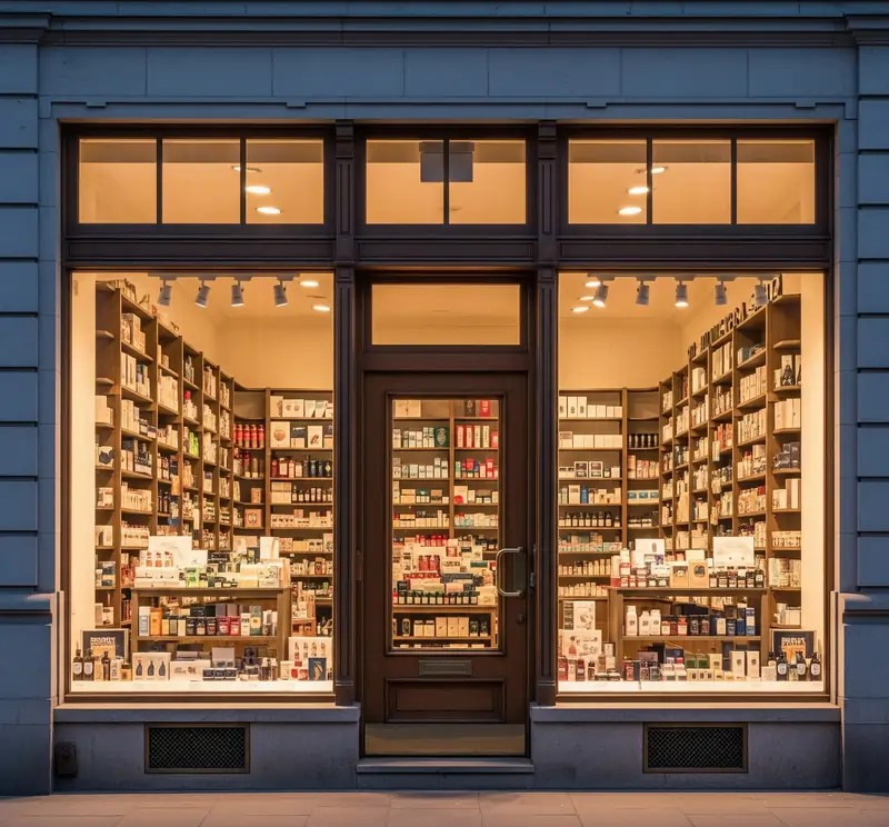 A storefront at twilight with a locked door. The large windows showcase a well-stocked and beautifully arranged interior with numerous shelves of products, but there is no signage on the exterior to indicate what the store is or that it's open for business.